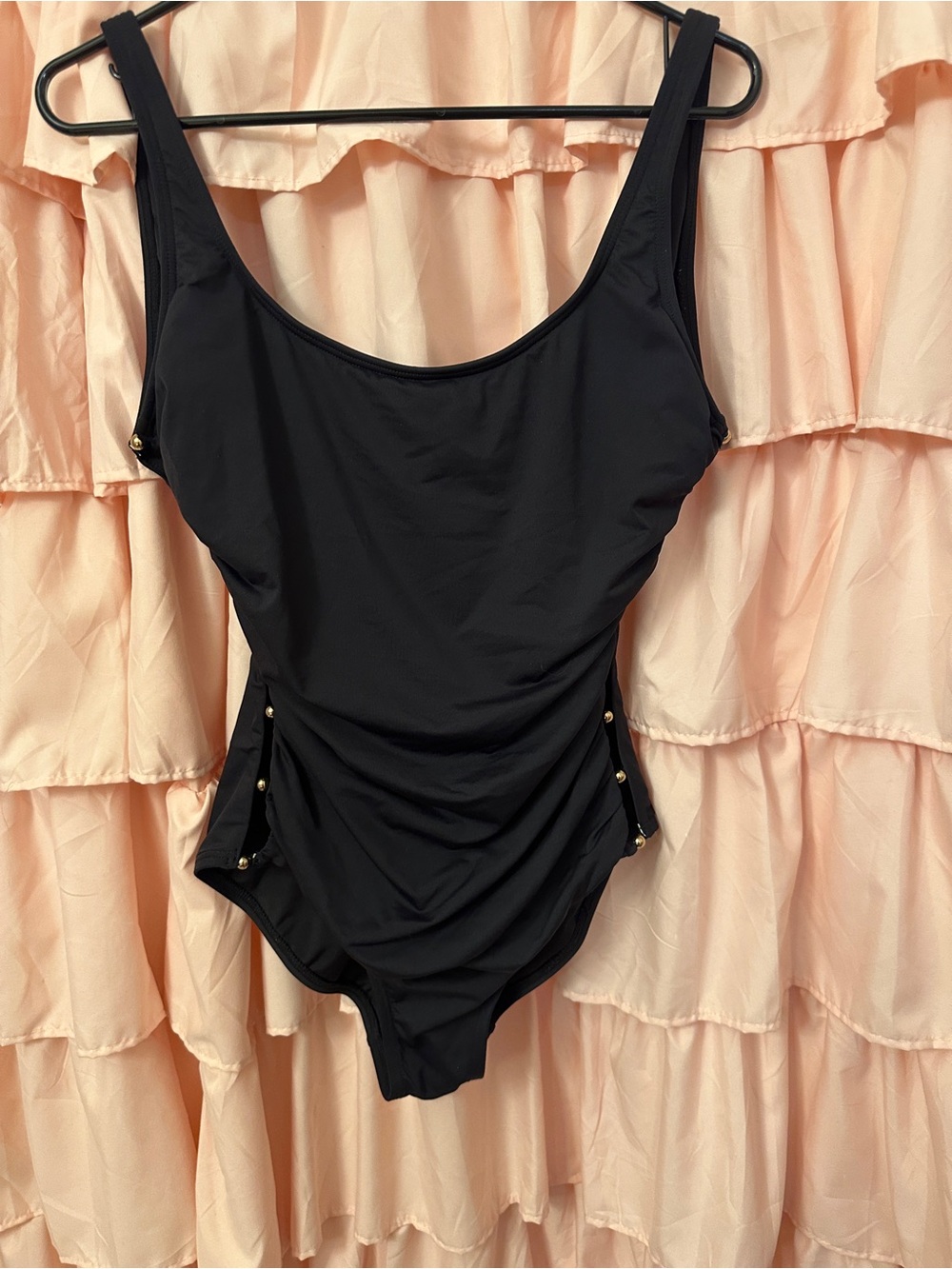 Carmen Marc Valvo Scoop Neck Shirred Front Black Beaded One-Piece